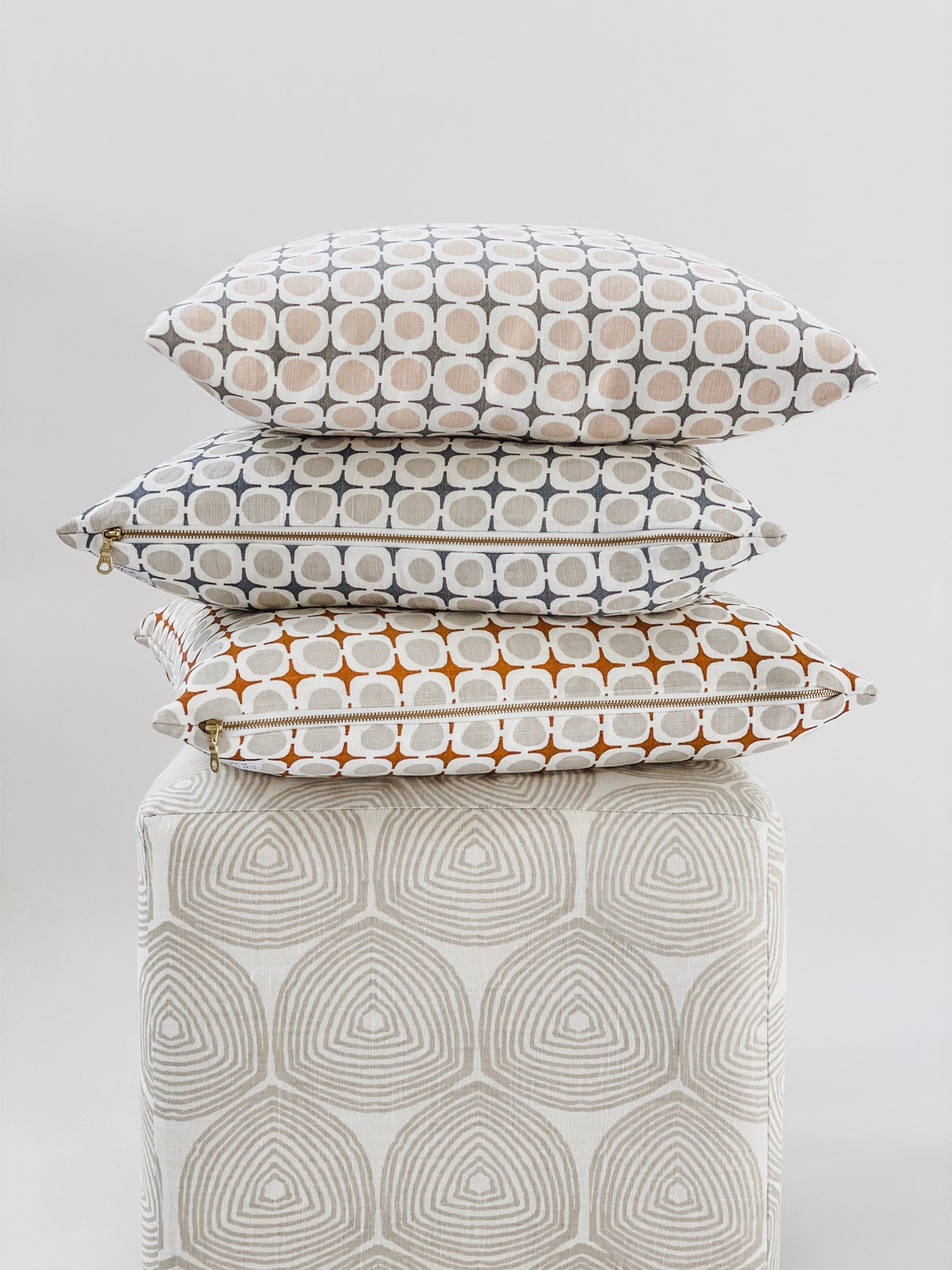 Avalon pattern — a screen printed linen textile with a structured yet organic form, inspired by shoreline piers and shifting coastal light.