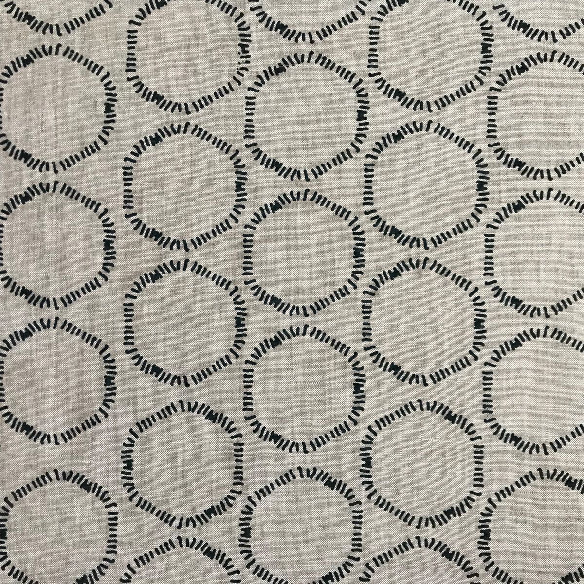 Cape fabric — features soft, freeform circular motifs hand screen printed in California, designed for the interior design trade and perfect for layered, natural interiors.