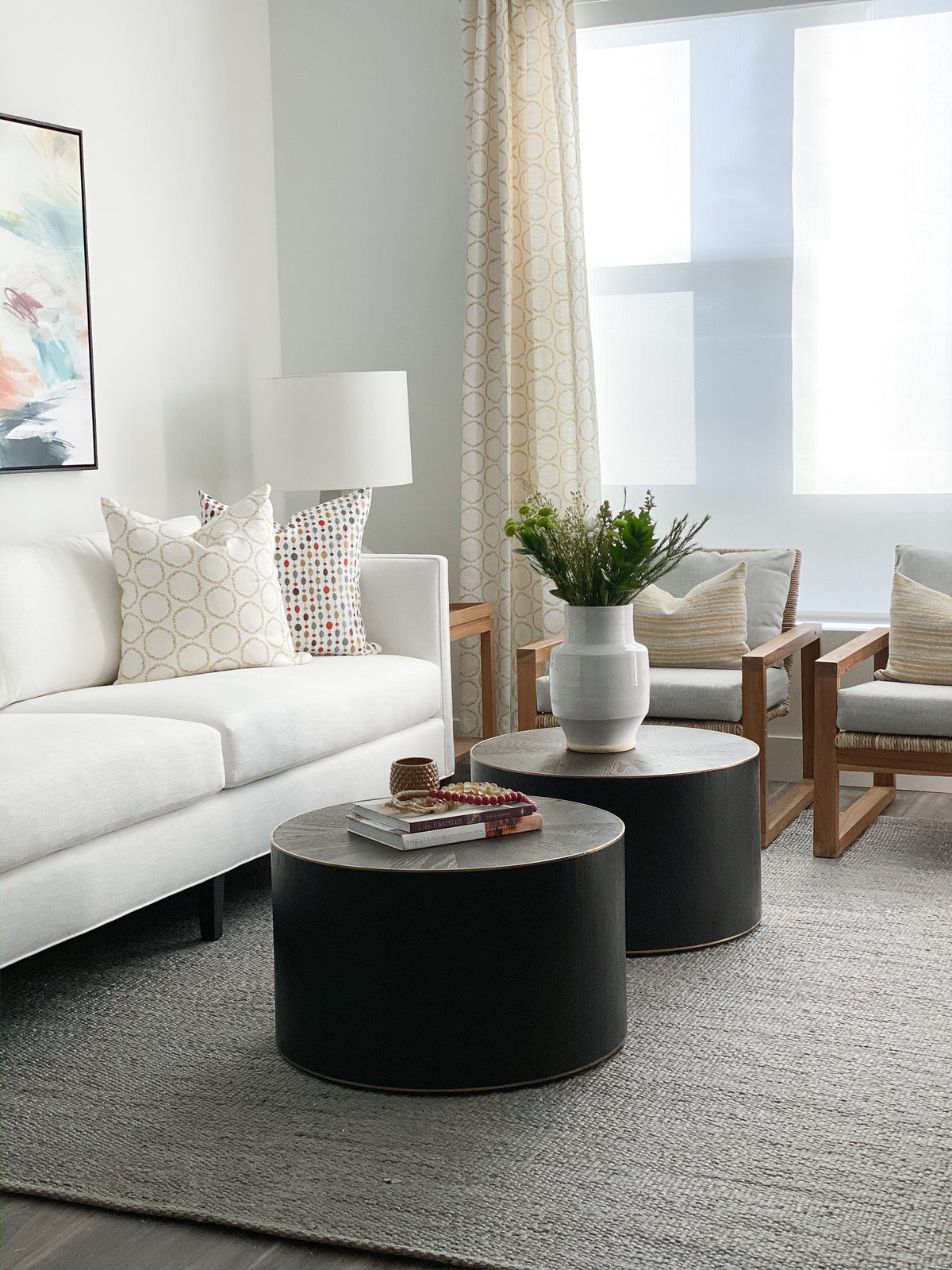 Hand-printed Cape textile by Greige — a flowing, circular pattern on Belgian linen that brings subtle movement and texture to custom interiors.