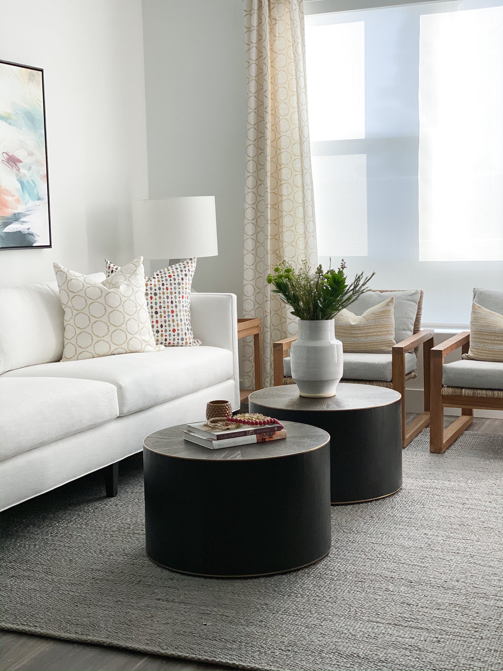 Hand-printed Cape textile by Greige — a flowing, circular pattern on Belgian linen that brings subtle movement and texture to custom interiors.