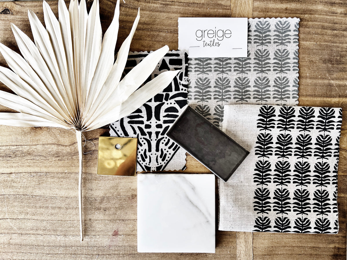 Greige Textiles Clara fabric — a light, botanical floral motif with heritage influences, hand-printed on Belgian linen for timeless interiors