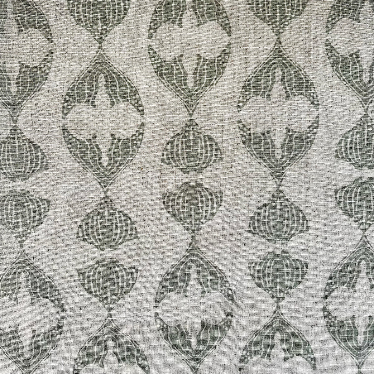 Daphne stripe fabric by Greige Textiles — a modern, organic pattern featuring abstract fishlike forms, hand-printed on Belgian linen for drapery, cushions, or upholstery.