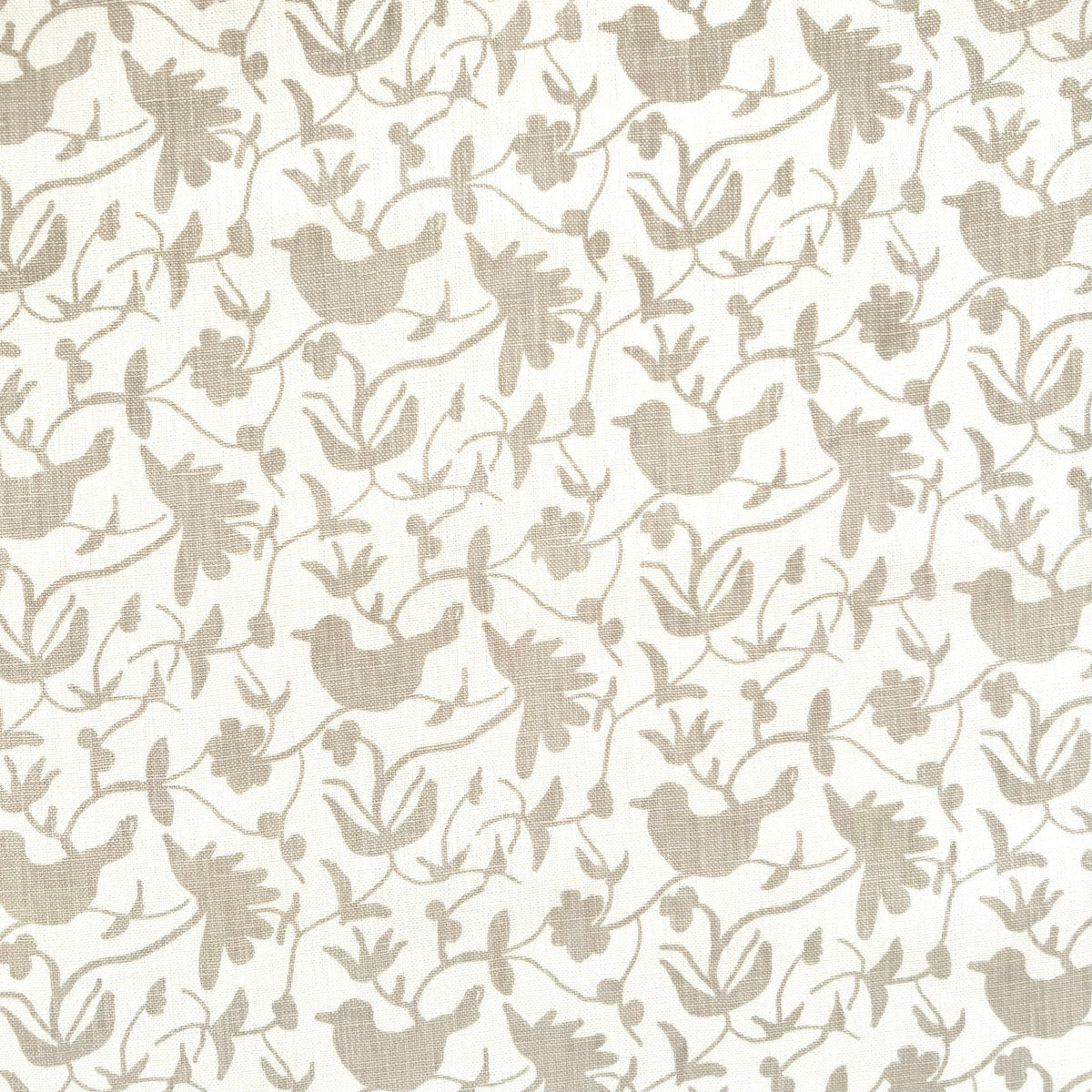 Eliza pattern by Greige Textiles — a hand-drawn botanical design featuring stylized florals and birds, printed on Belgian linen.