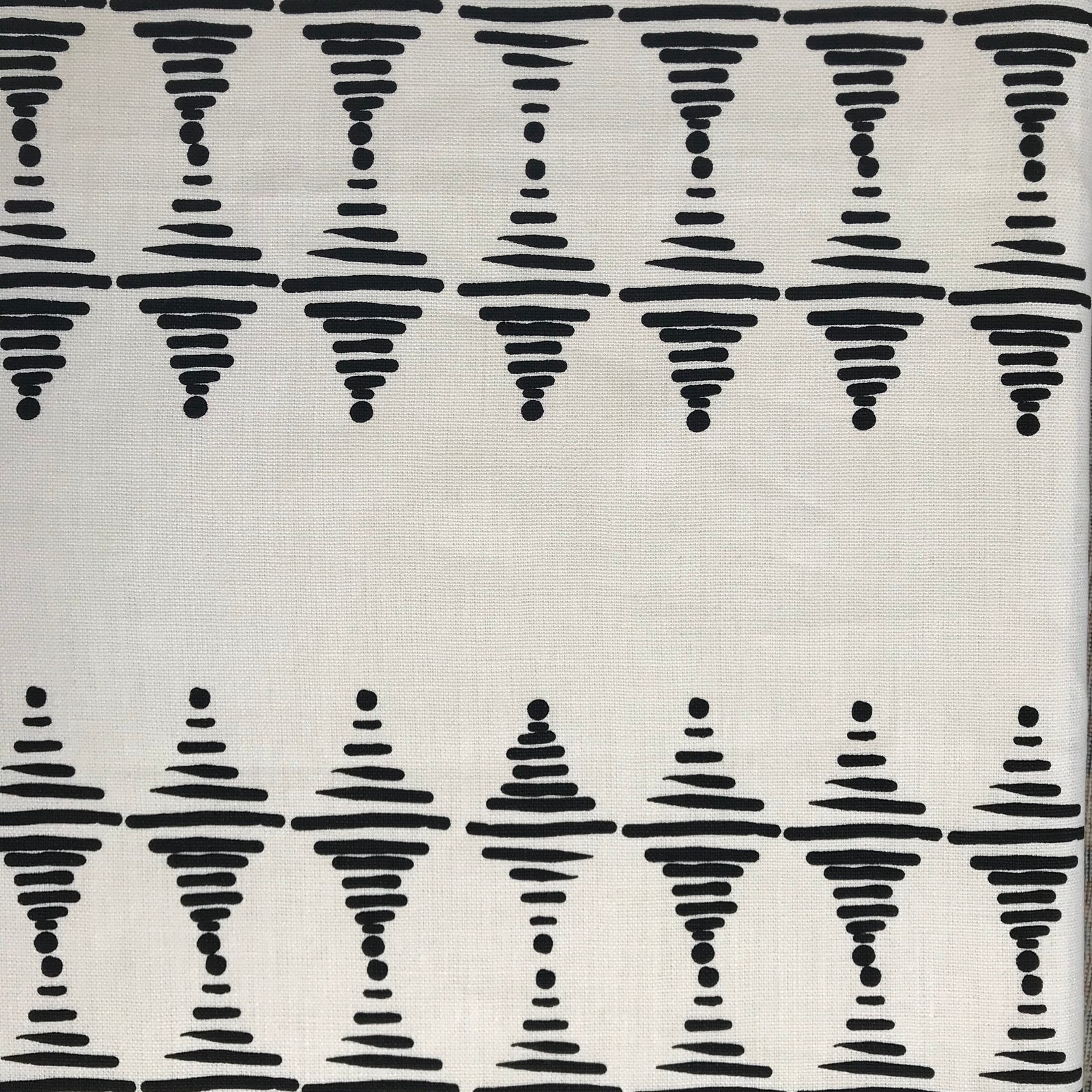 Stacked fabric Black on Oyster greige textiles handmade in california on belgian linen Add depth and character to your home with Greige Textiles’ playful yet timeless designs—screen printed by hand on natural linen.