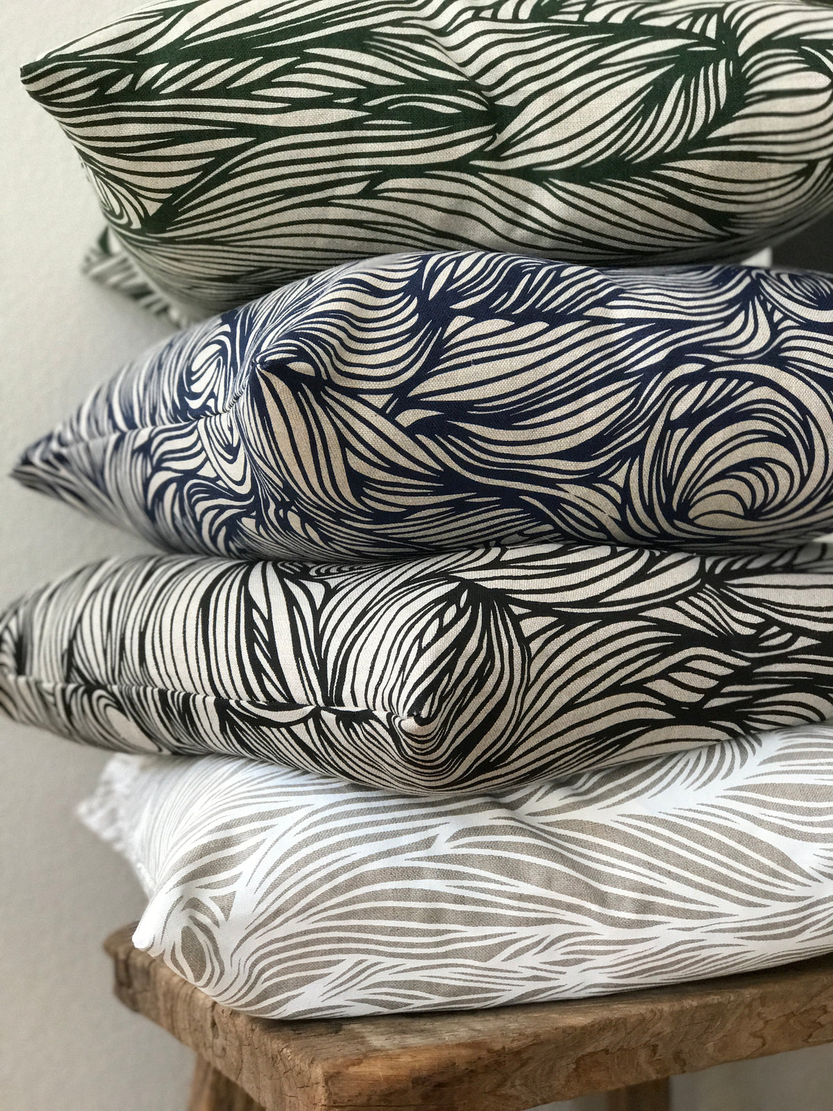 Trina Fabric Indigo on Oatmeal greige textiles hand printed in california