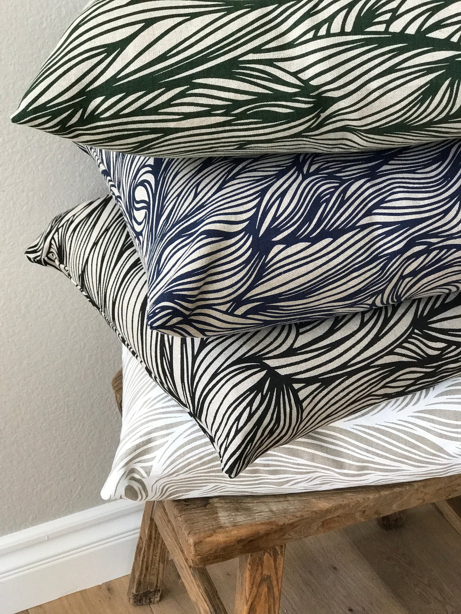 Trina Fabric Emerald on Oatmeal greige textiles hand printed in california screen printing. Trina Fabric Black on Natural greige textiles hand made in california pillow. 