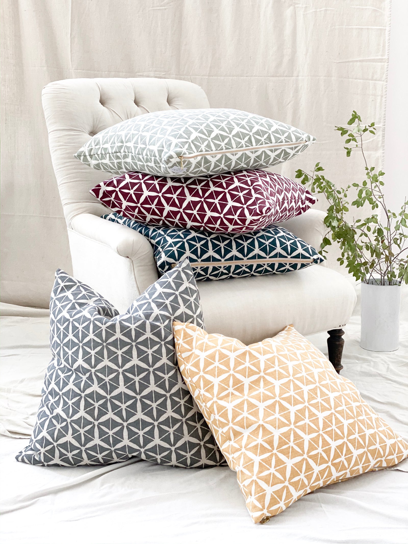 From bold florals to abstract motifs, Greige Textiles offers playful, handcrafted patterns on linen—made for layered and inviting spaces.