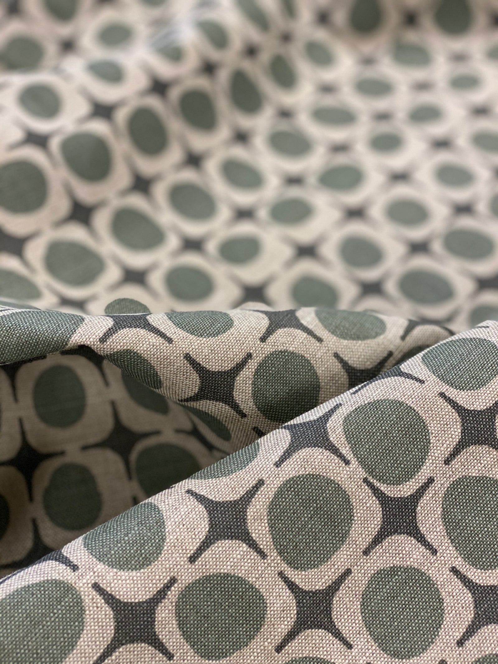 Avalon fabric — hand-printed geometric design with coastal inspiration, echoing architectural lines softened by nature.