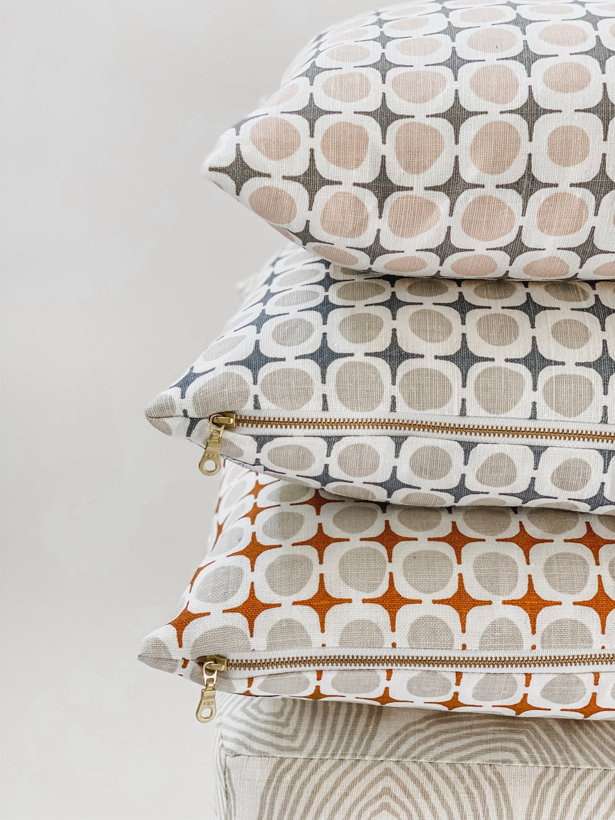 Avalon pattern — a screen printed linen textile with a structured yet organic form, inspired by shoreline piers and shifting coastal light.