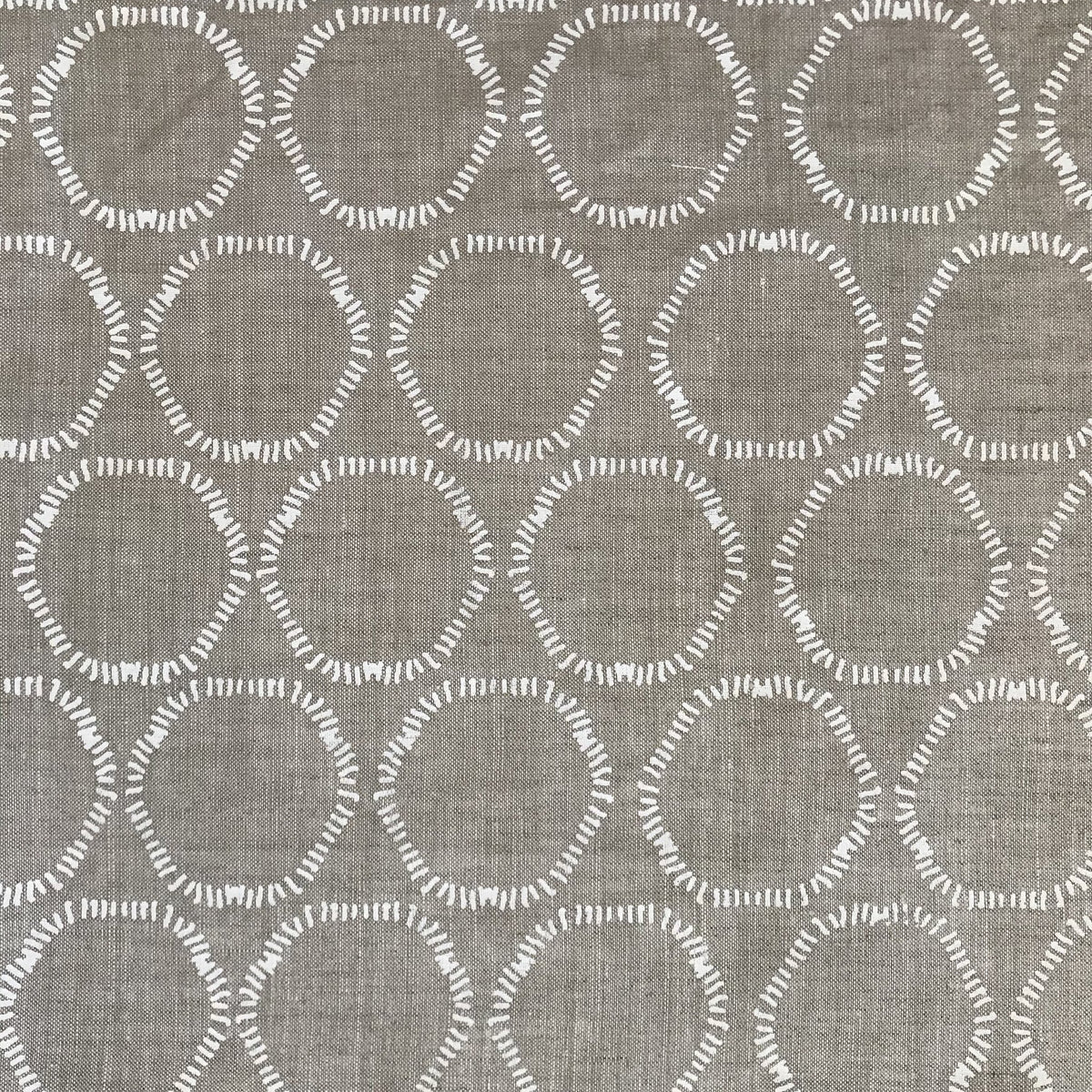Cape by Greige Textiles — an organic open circular pattern hand-printed on Belgian linen, ideal for drapery, upholstery, and decorative accents in refined interiors.