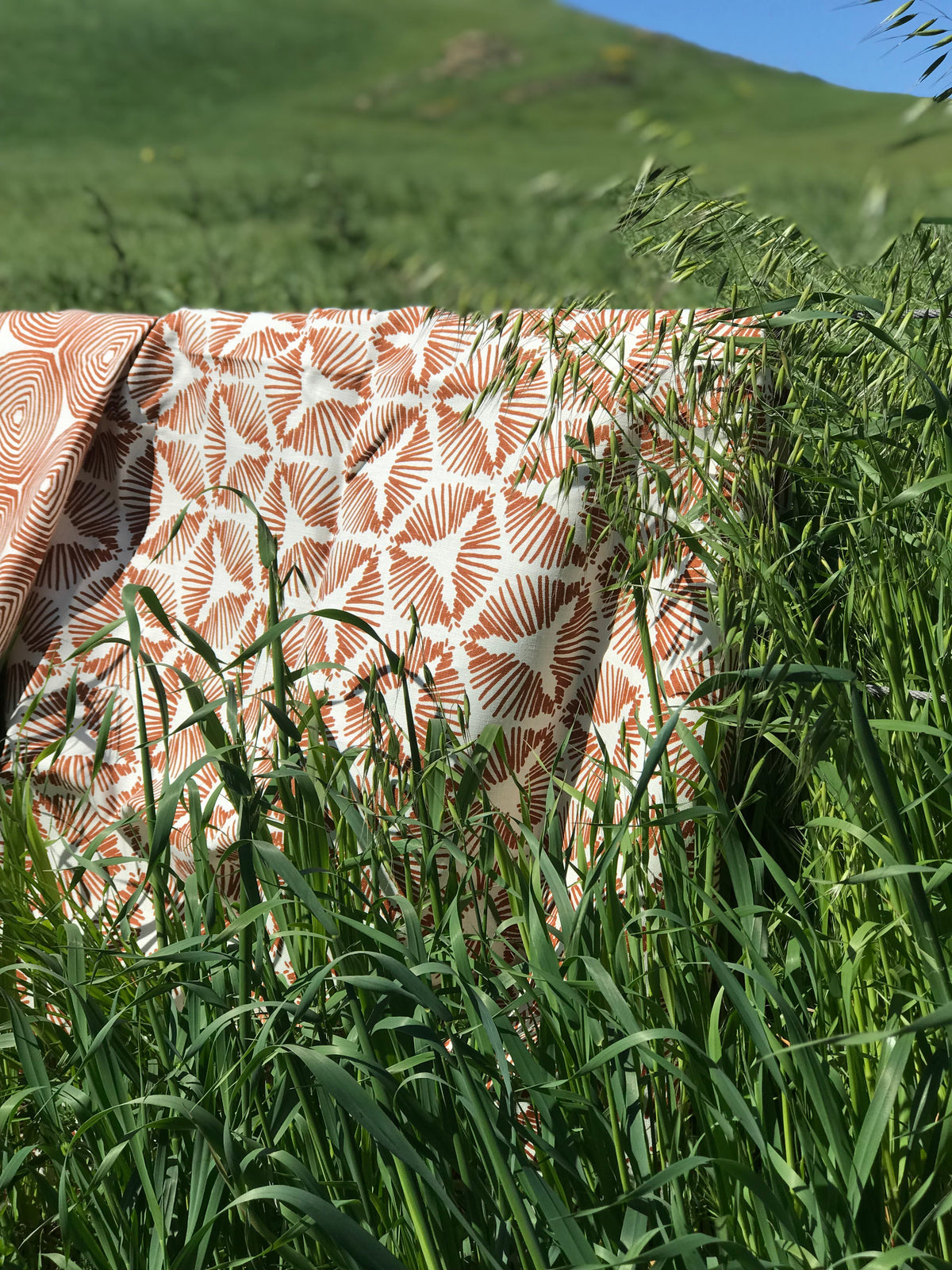 cie burnt orange on Oyster greige textiles Hand screen printed in California on the finest Belgian linen, this design is a versatile choice for interiors that embrace texture, bold pattern, and thoughtful craftsmanship.