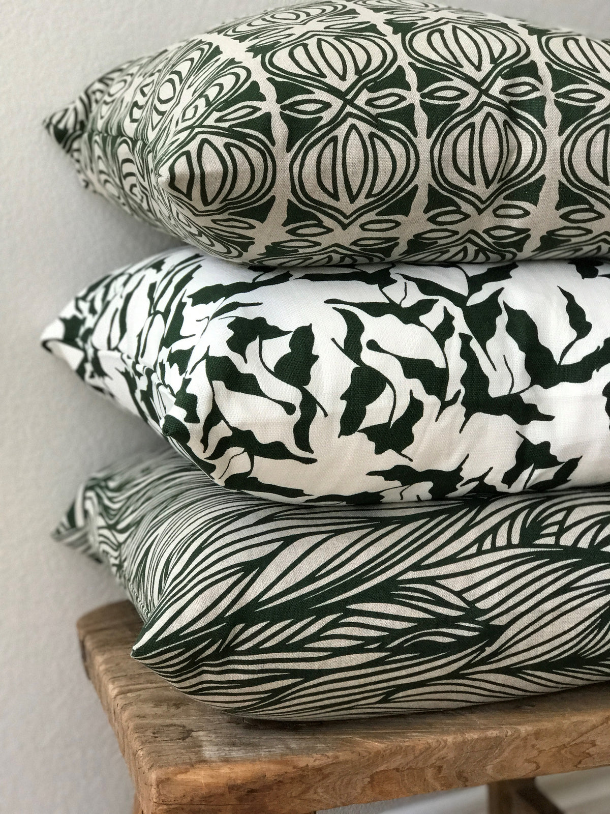 Mer Fabric Emerald on Oyster greige textiles hand printed in california trina 
