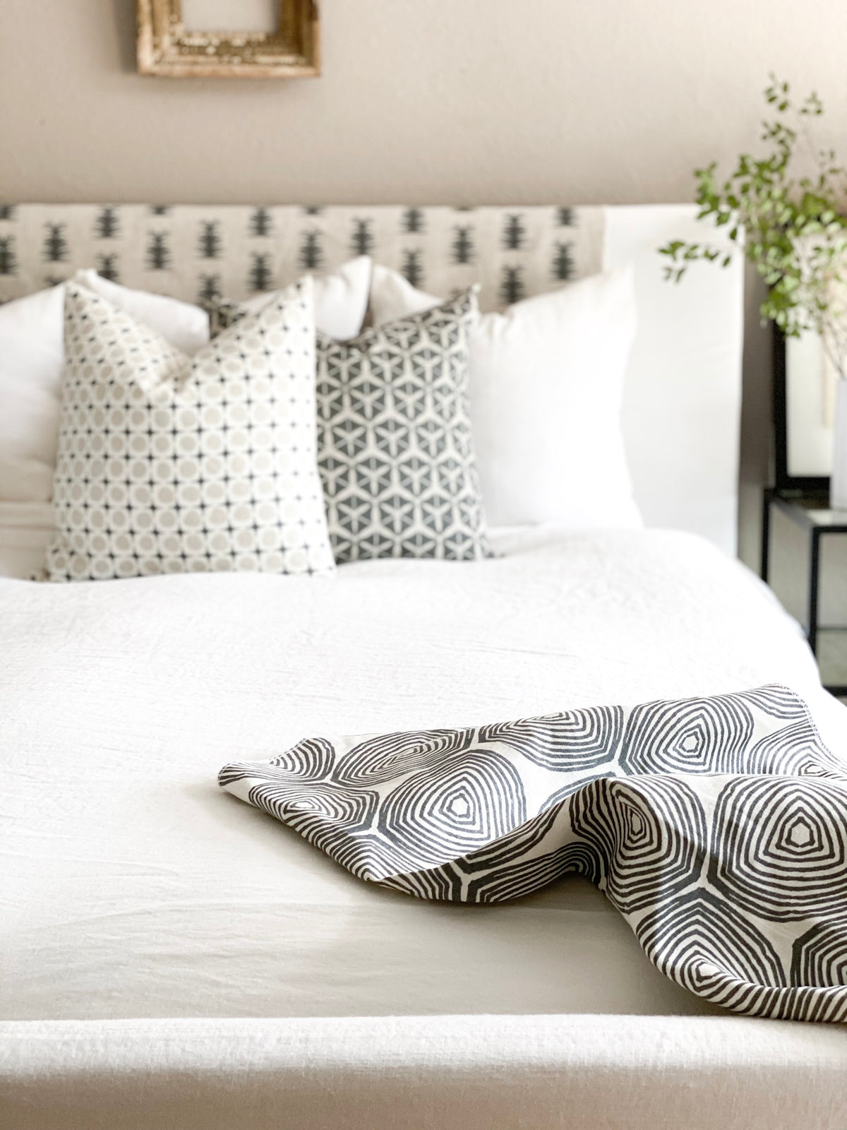 Avalon textile pattern by Greige Textiles — a geometric print inspired by the lines of Folly Beach Pier and the reflective light of high tide, screen printed on Belgian linen.