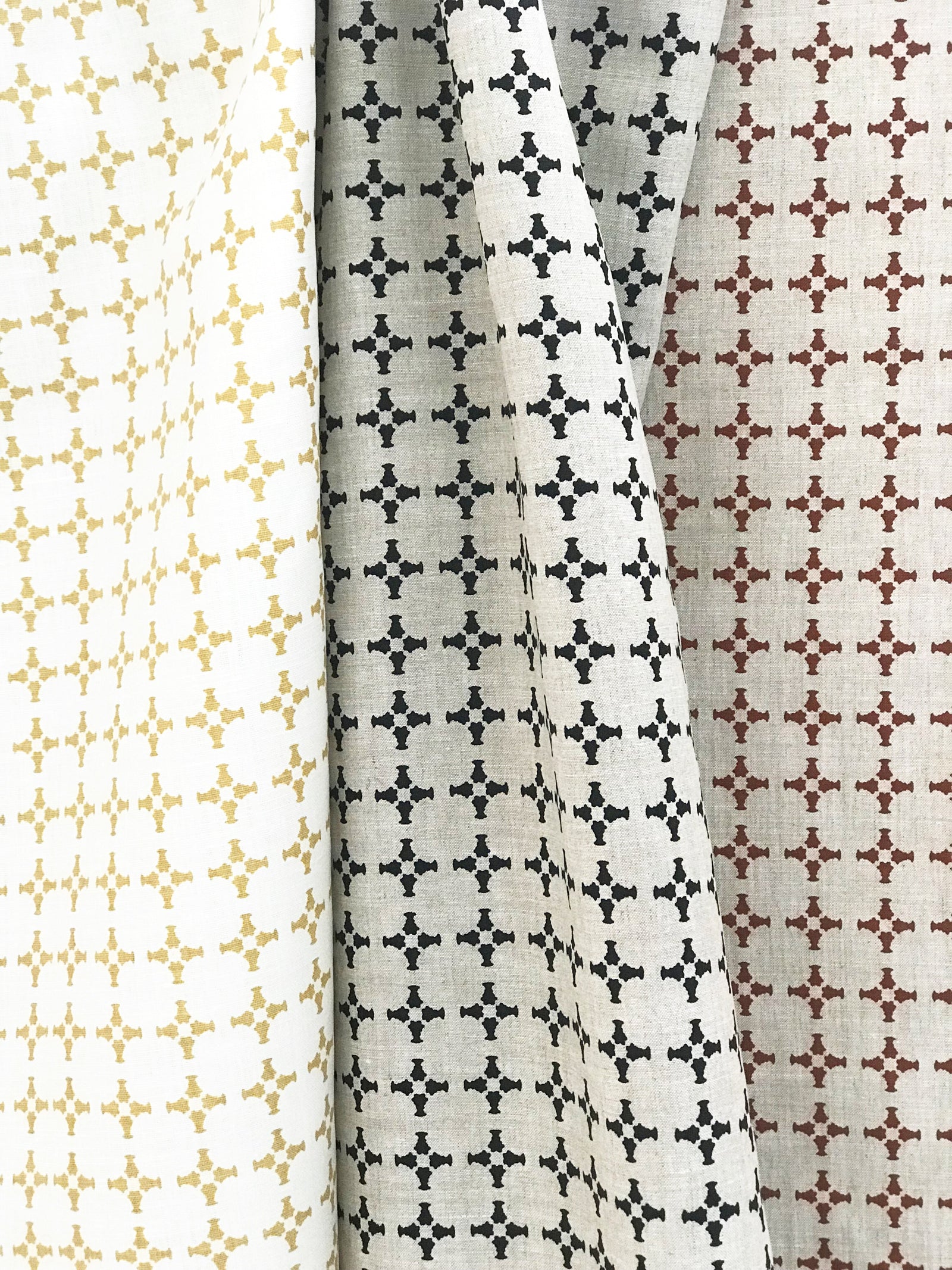 greige textiles cancan black on oatmeal hand made in california Hand-printed CanCan textile by Greige — featuring architectural cross forms for refined interiors, well-suited for drapery, soft furnishings, and upholstery projects.