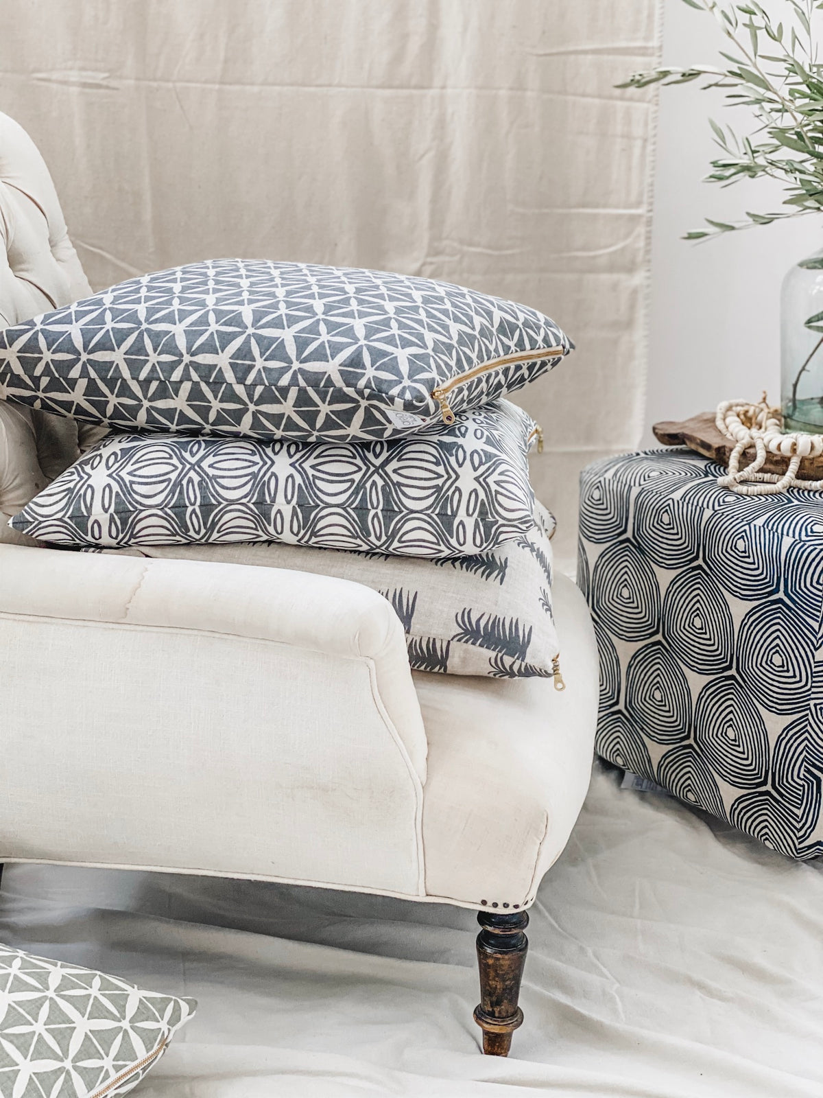 Hand-printed linen textiles from Greige—bold, heritage-inspired designs for interiors. Explore our full collection.