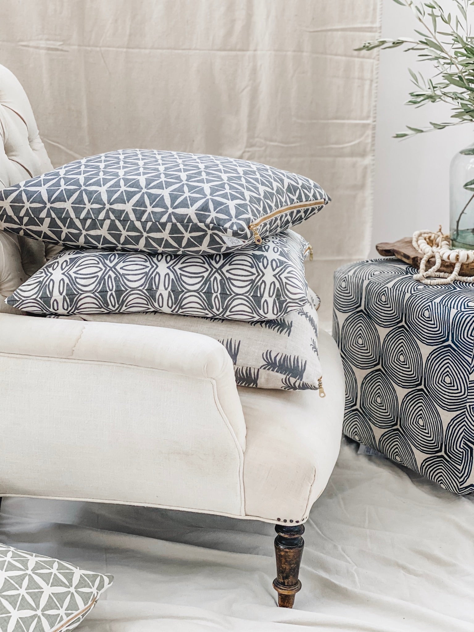 Hand-printed linen textiles from Greige—bold, heritage-inspired designs for interiors. Explore our full collection.