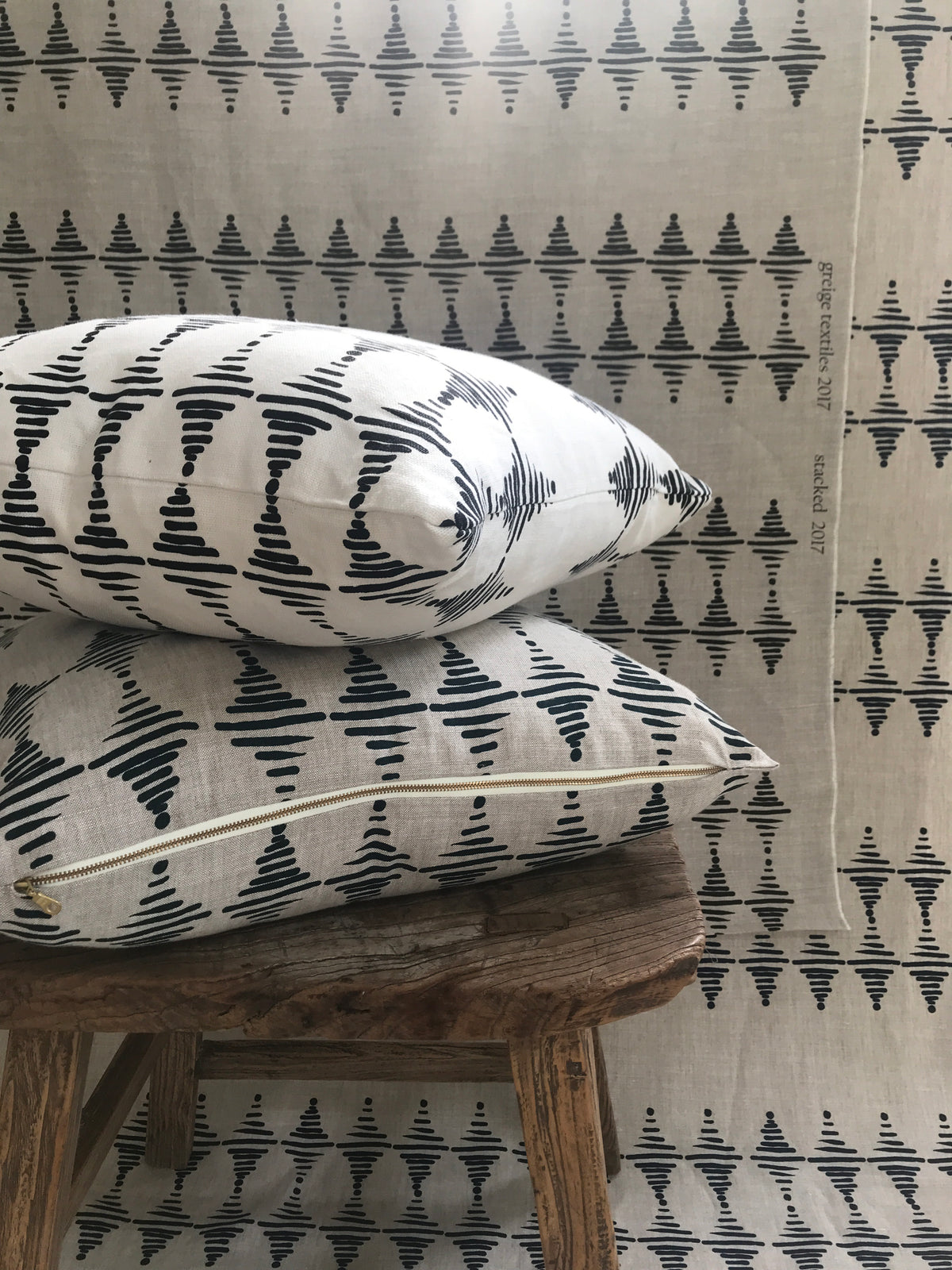 greige textiles micro batch textiles hand printed in California Stacked in pepper on oatmeal, to the trade