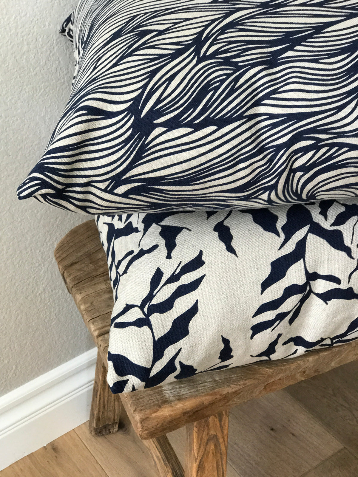 Trina Fabric Indigo on Oatmeal greige textiles hand printed in california beauty of simple materials is celebrated