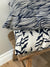 Trina Fabric Indigo on Natural greige textiles hand printed in california