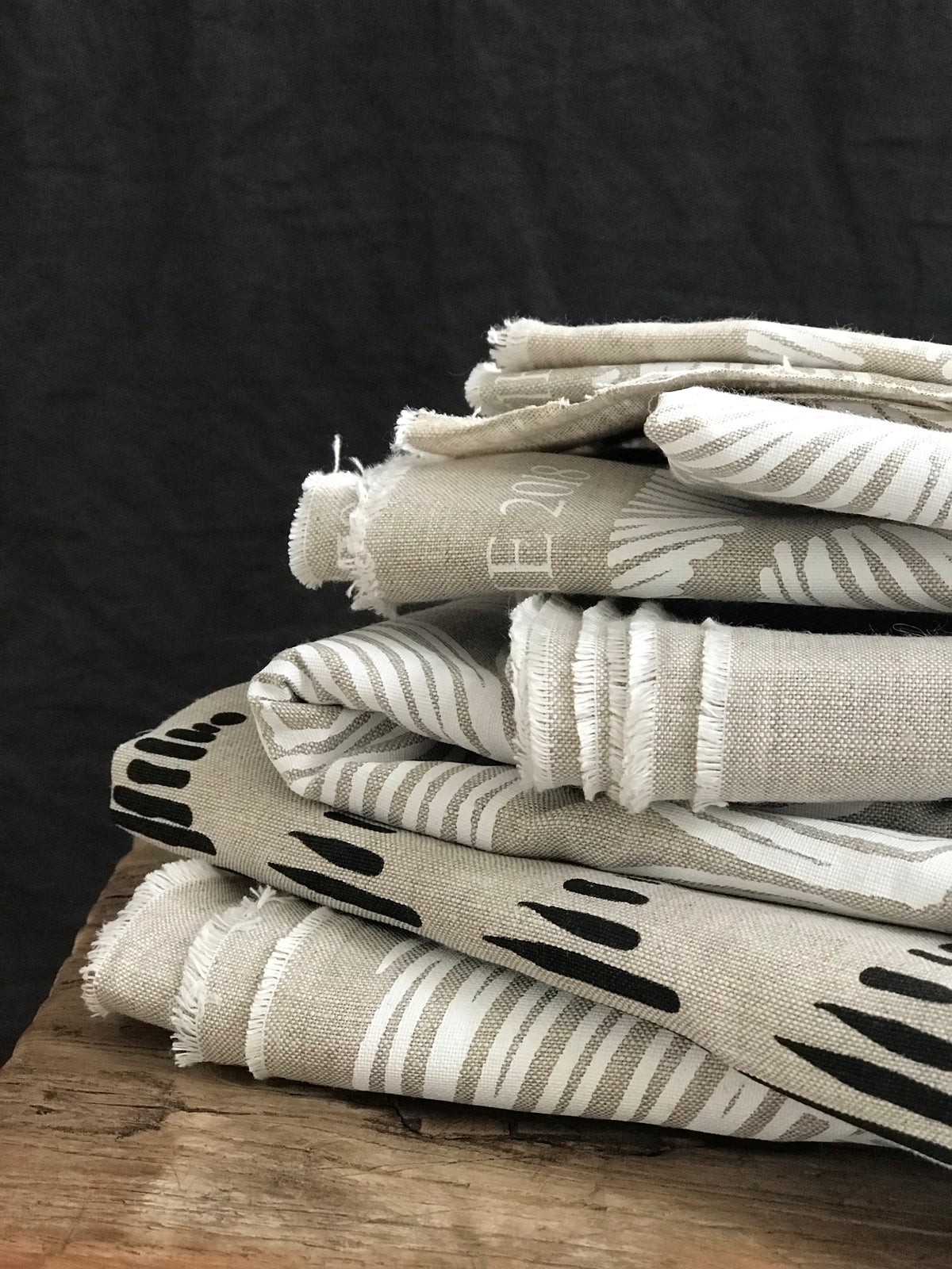 greige textiles micro batch textiles hand printed in California Stacked in indigo on oatmeal, mix with vintage indigo