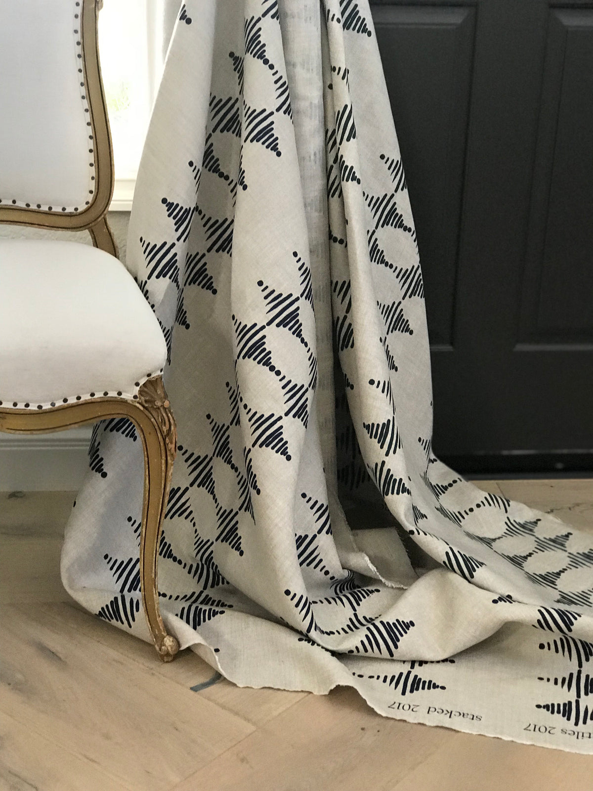 greige textiles micro batch textiles hand printed in California Stacked in indigo on oatmeal, mix with vintage indigo