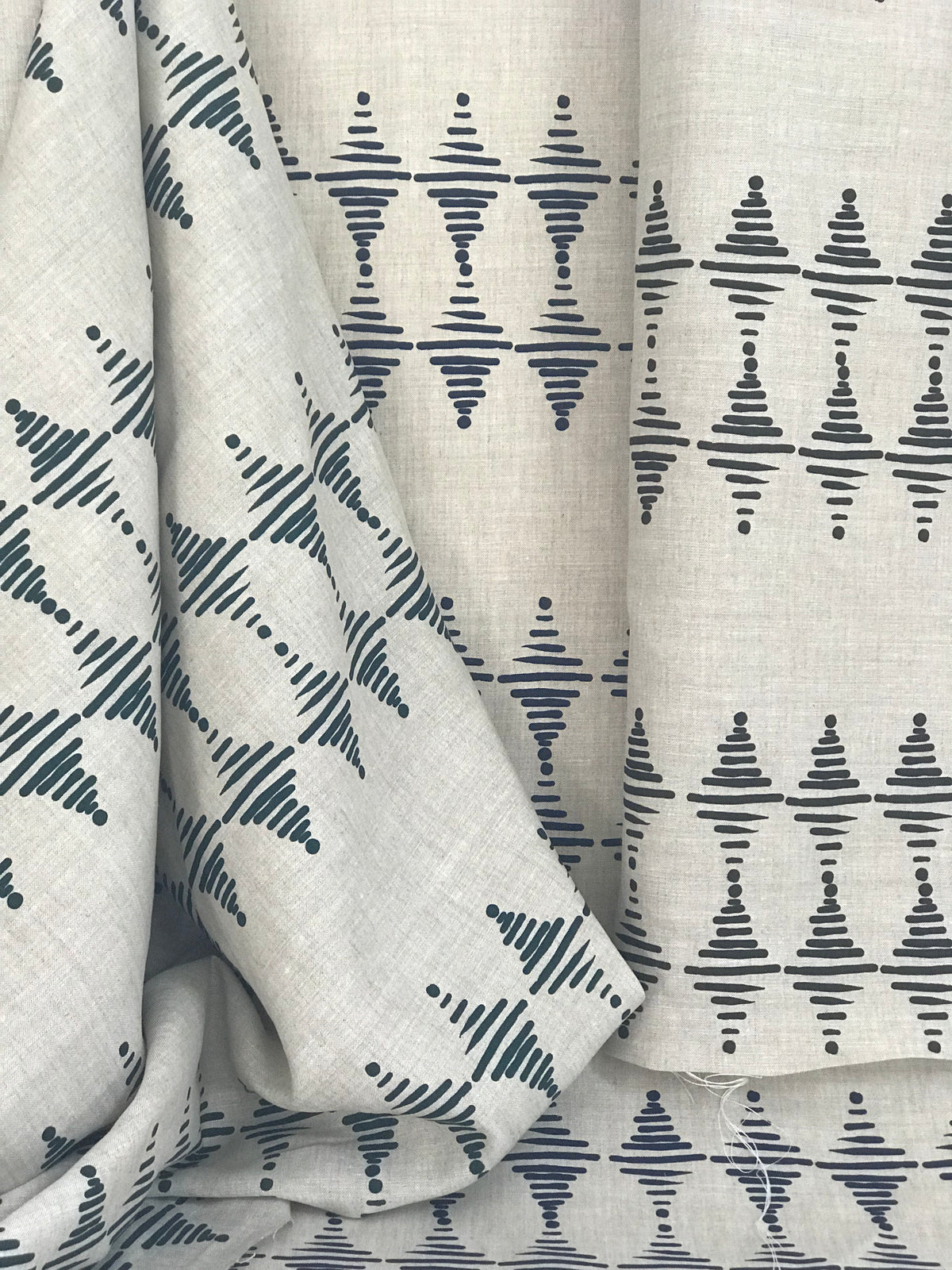 greige textiles micro batch textiles hand printed in California Stacked in pepper on oatmeal, to the trade