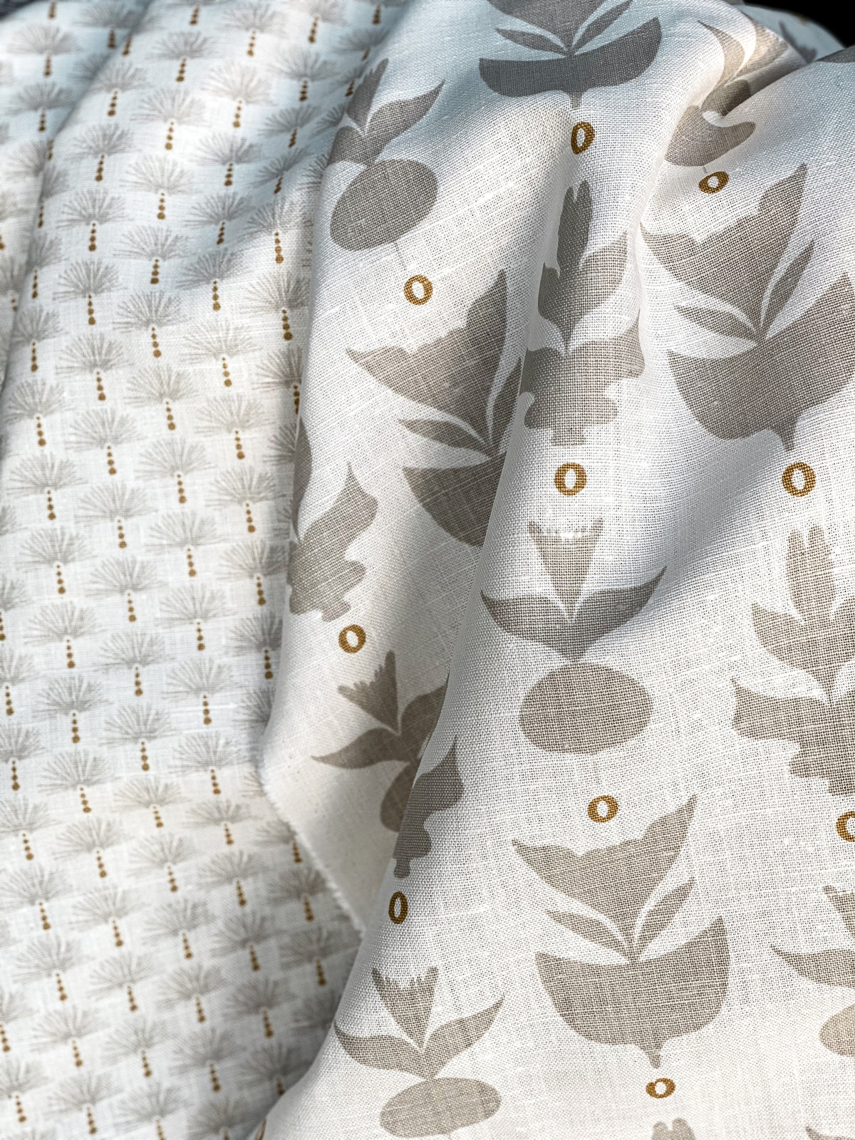Capri – a clean, sculptural pattern printed on Belgian linen by Greige Textiles, bringing classic garden symmetry and modern sophistication to interior design project