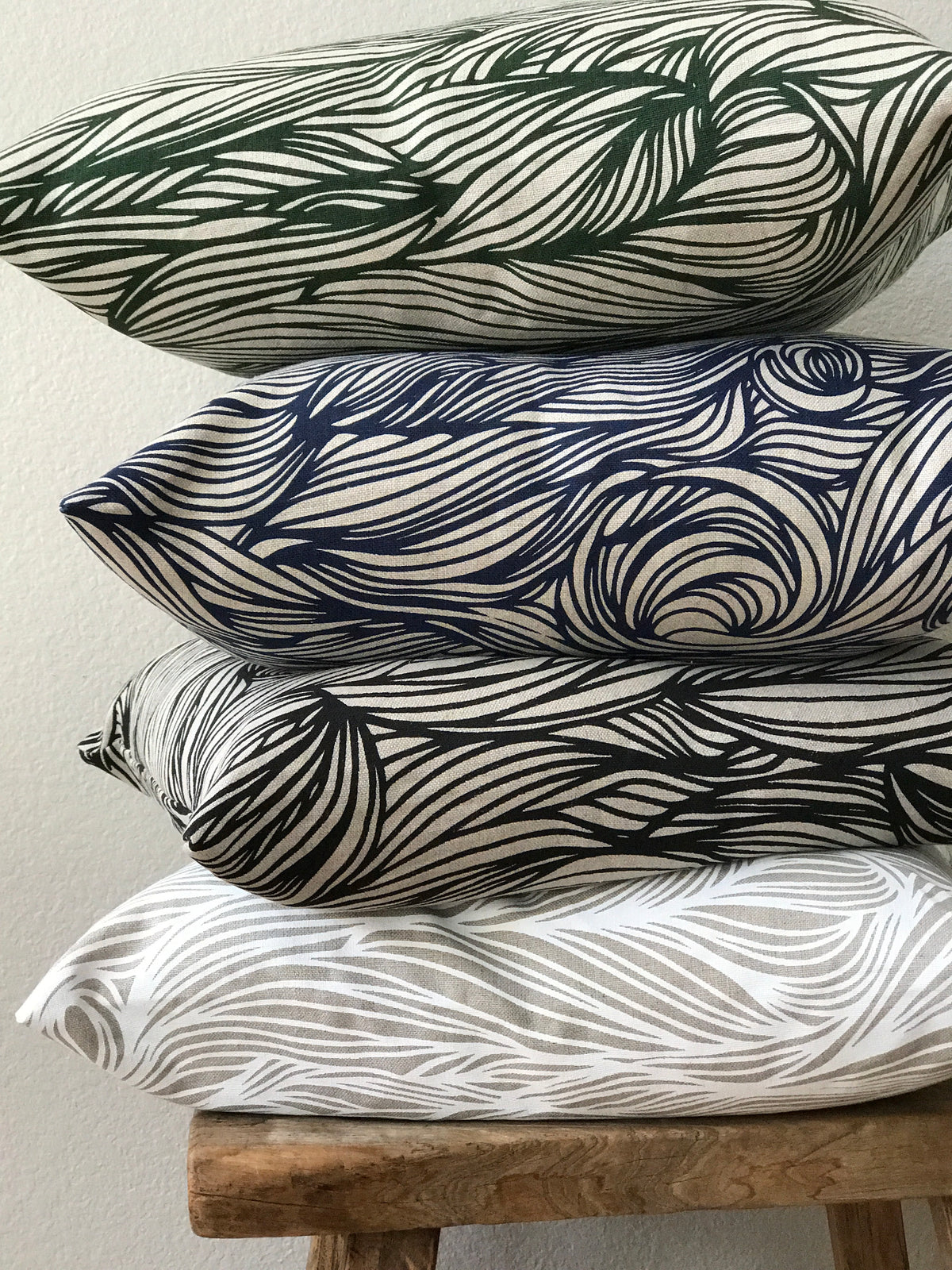 Trina Fabric Black on Oatmeal greige textiles hand made in california pillow. Elevate your home with Greige Textiles&#39; lively collection of hand screen-printed linen fabrics and artisan wallpapers